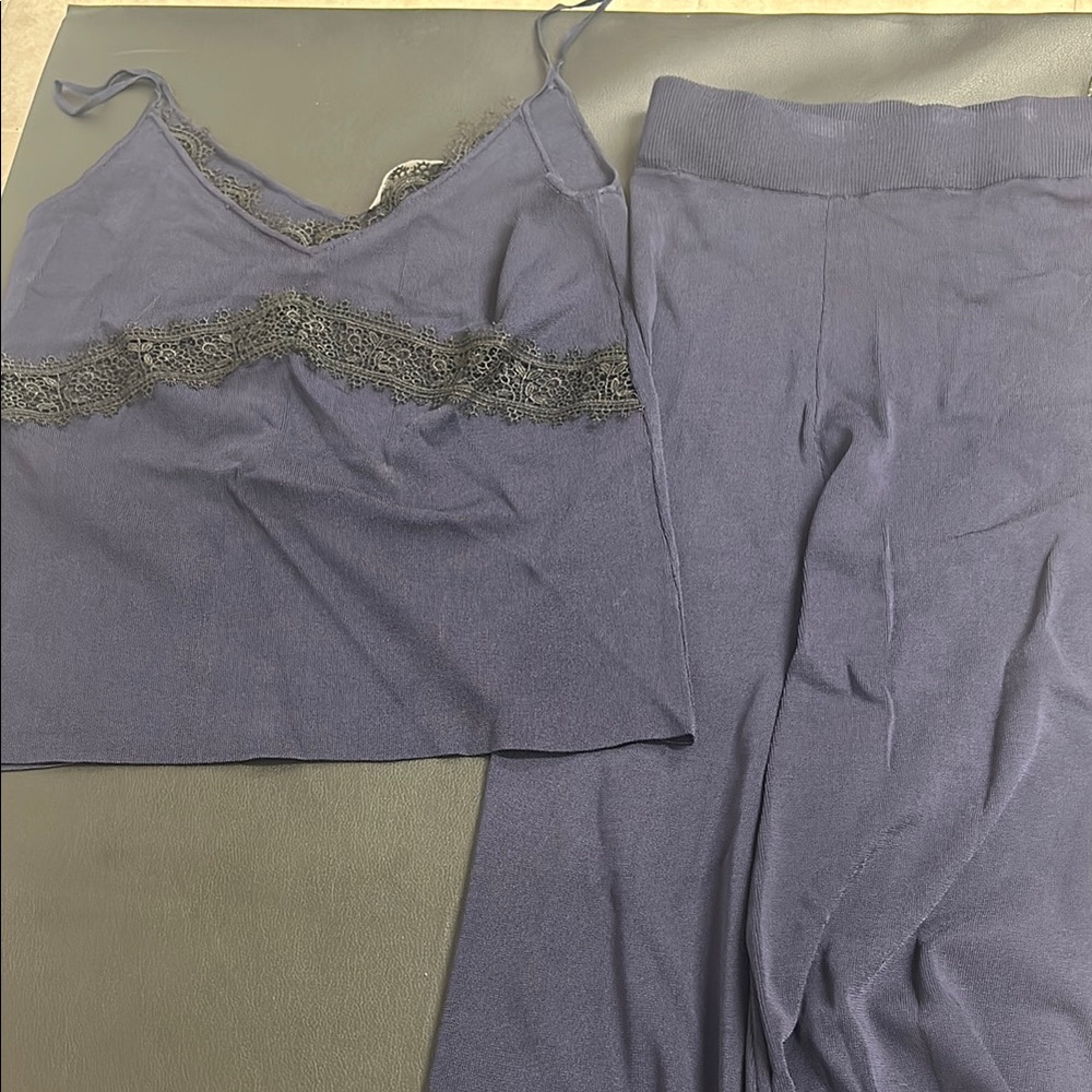 Zara Knit Navy Lace Trim Tank and Wide Leg Pants Set